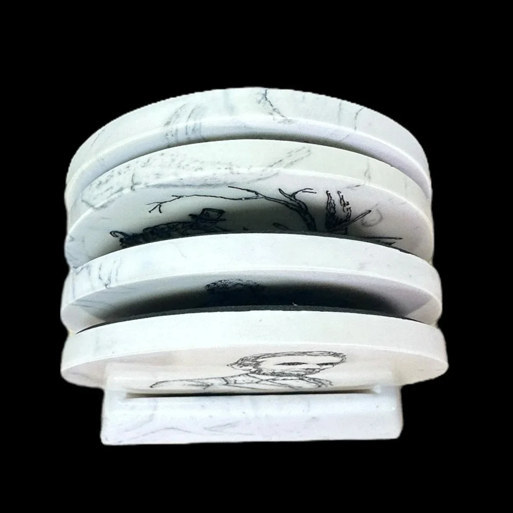 Abraham Lincoln Marble Stone Coasters Set Stand Engraved Life Of Lincoln Vintage